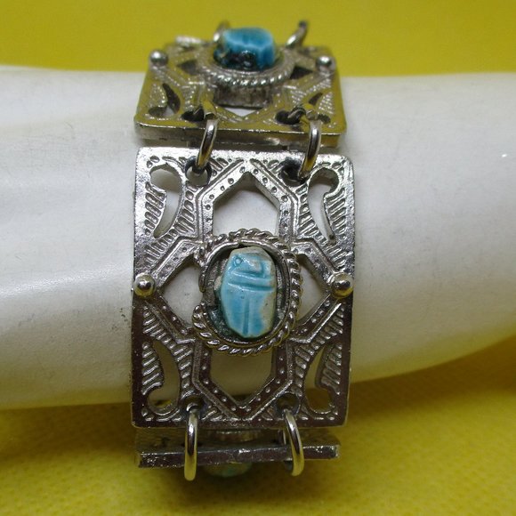 EGYPTIAN Revival SCARAB ANKH Turquoise STONE Silver Tone Metal Panel Bracelet - Picture 3 of 13